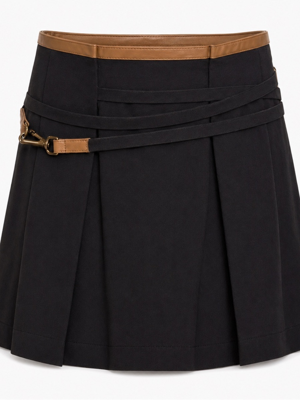 Brunello Cucinelli Black Mini Skirt with Tan  Leather Trim